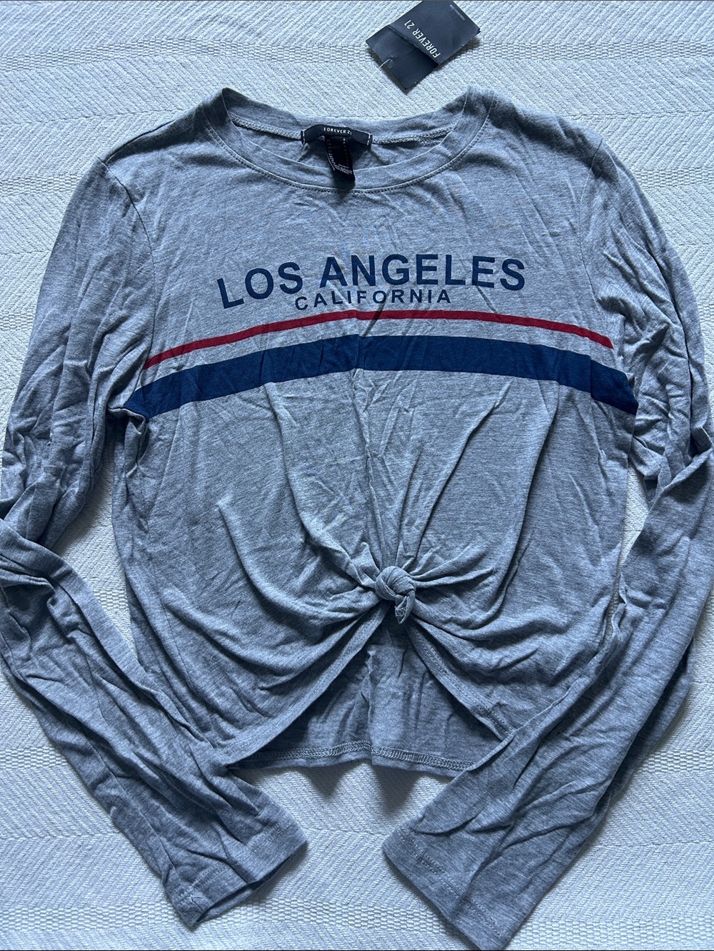 Forever 21 Gray Long-Sleeve 'Los Angeles California' Tee with Red & Navy Stripes